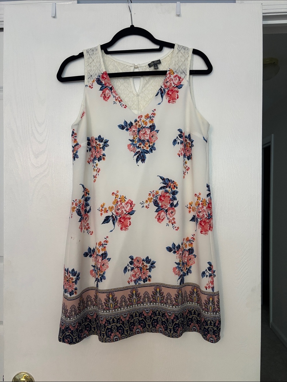 Lily Rose Cream Sleeveless Floral A-Line Dress with Pink & Blue Blooms